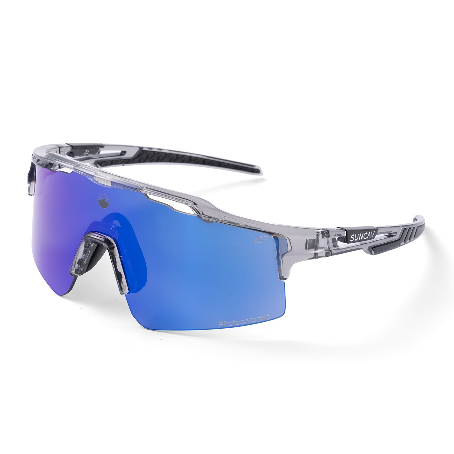 Photochromic, polarized, and ultra-resistant sports sunglasses.