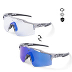Photochromic, polarized, and ultra-resistant sports sunglasses.