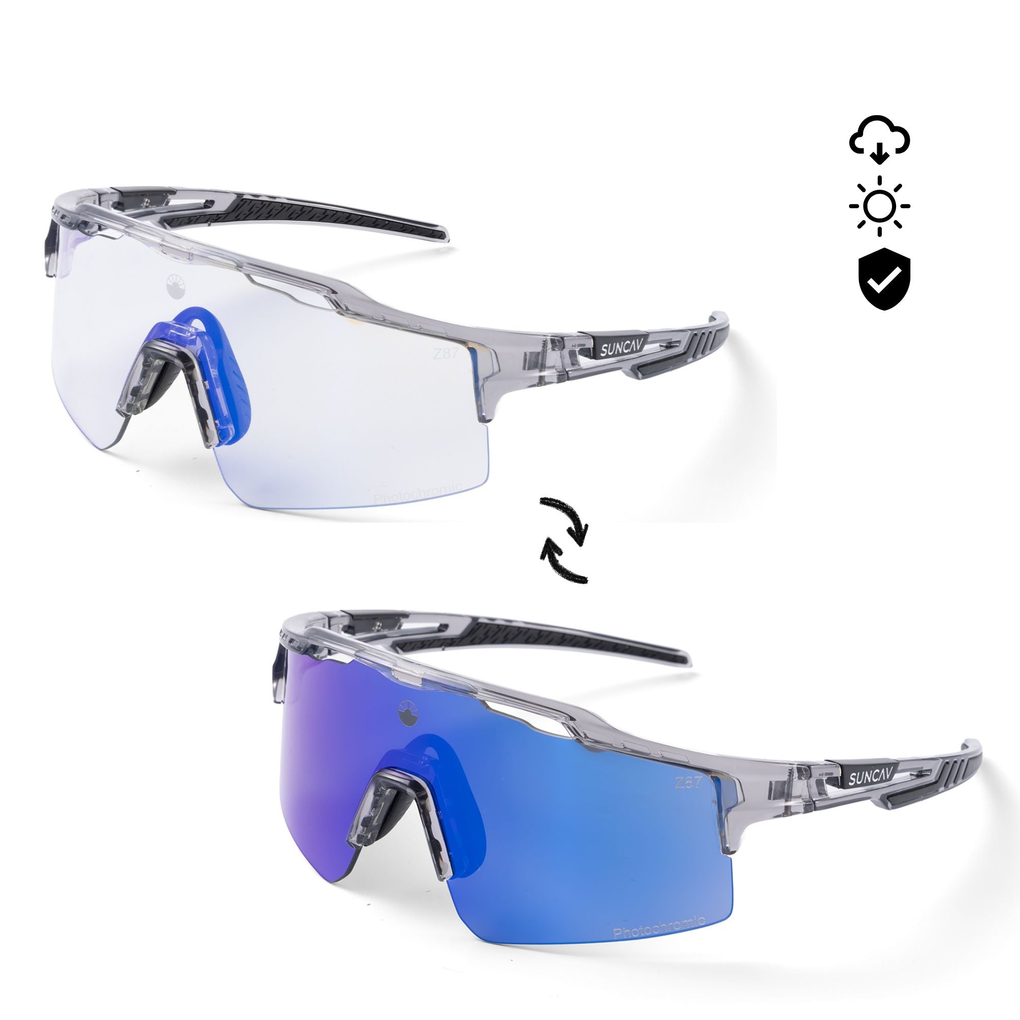 Photochromic, polarized, and ultra-resistant sports sunglasses.