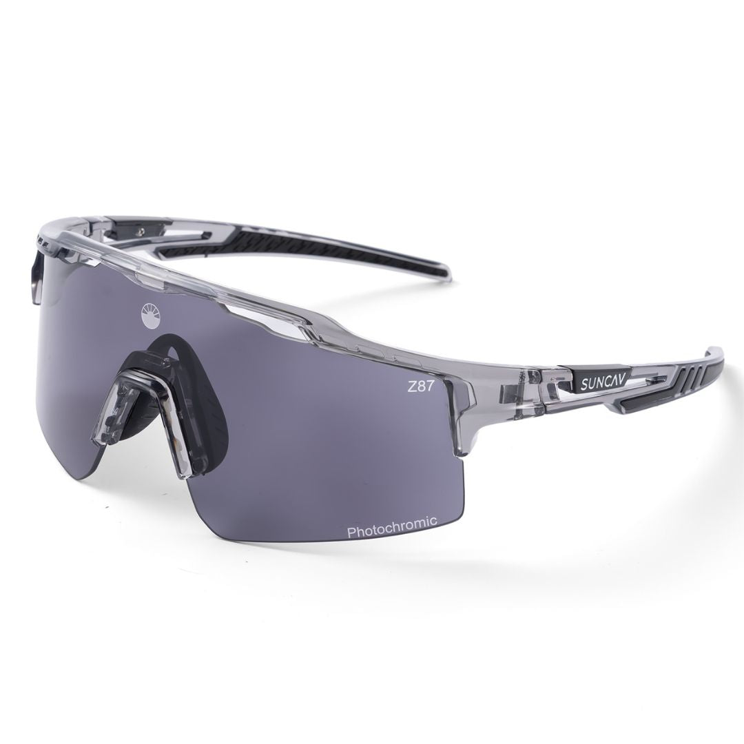 Photochromic, polarized, and ultra-resistant sports sunglasses.