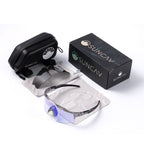 Photochromic, polarized, and ultra-resistant sports sunglasses.