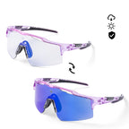 Photochromic, polarized, and ultra-resistant sports sunglasses.